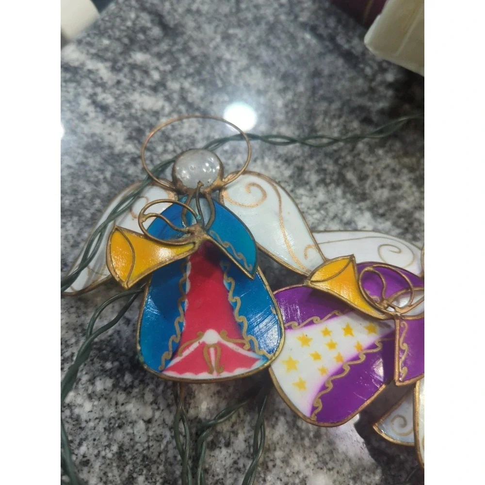 Vintage Multicolor Capiz & Wire Angel Playing Trumpets String Lights 5 Angels